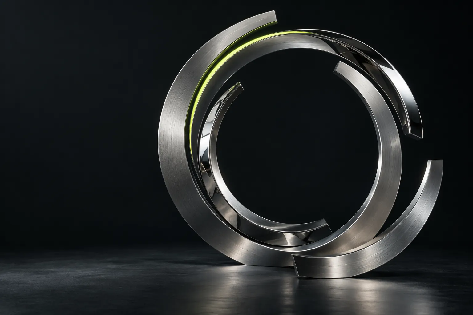 Sculptural silver arcs aligned around a central axis